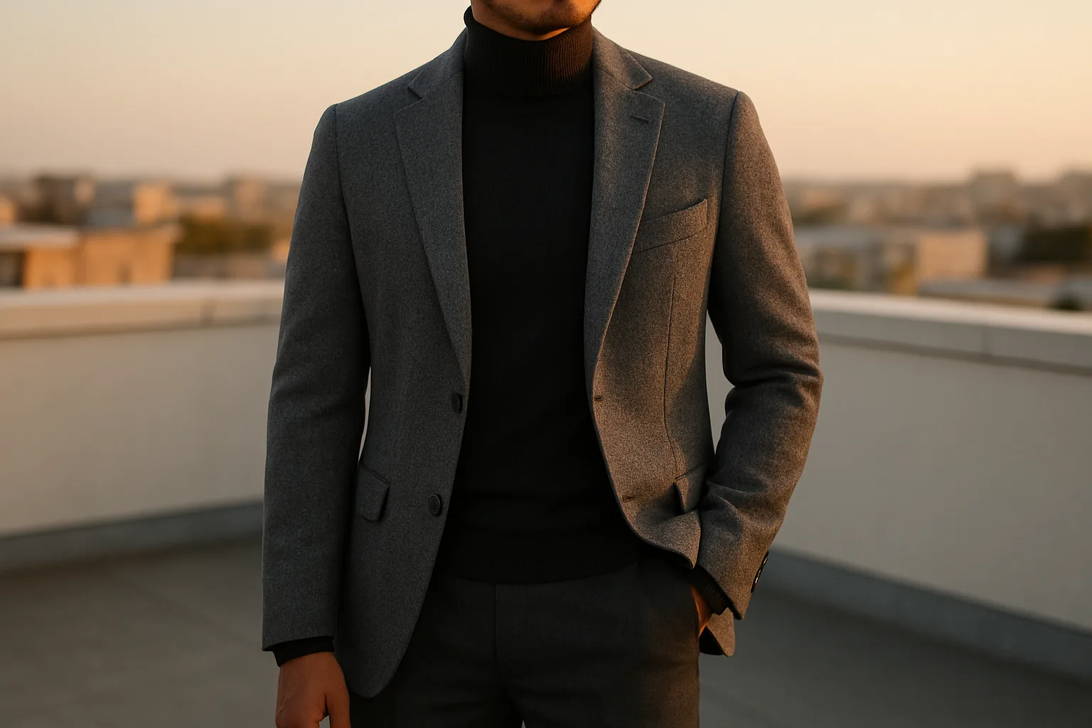 Man wearing a black turtleneck sweater under a grey blazer