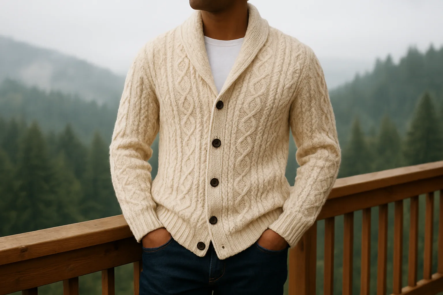 Cream cable knit cardigan for men worn with dark jeans on a hill station trip