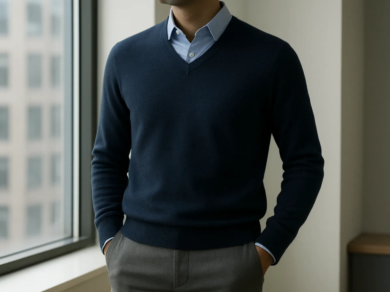 Indian man in a navy merino V-neck sweater over a light blue shirt