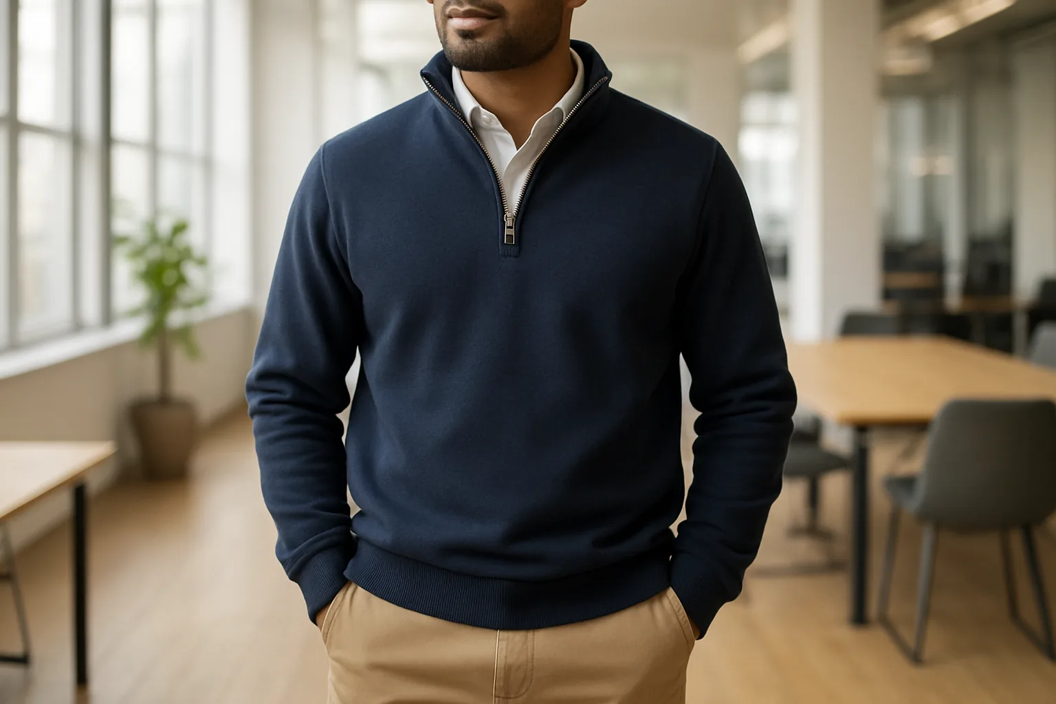 Navy half zipper sweatshirt for men worn over a white oxford shirt