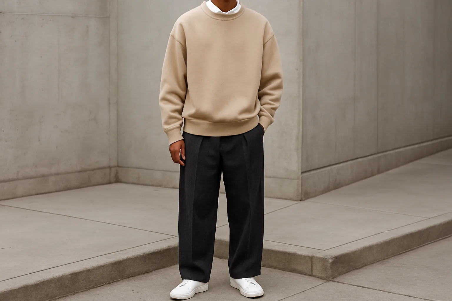 Boxy beige Korean style sweatshirt with wide trousers