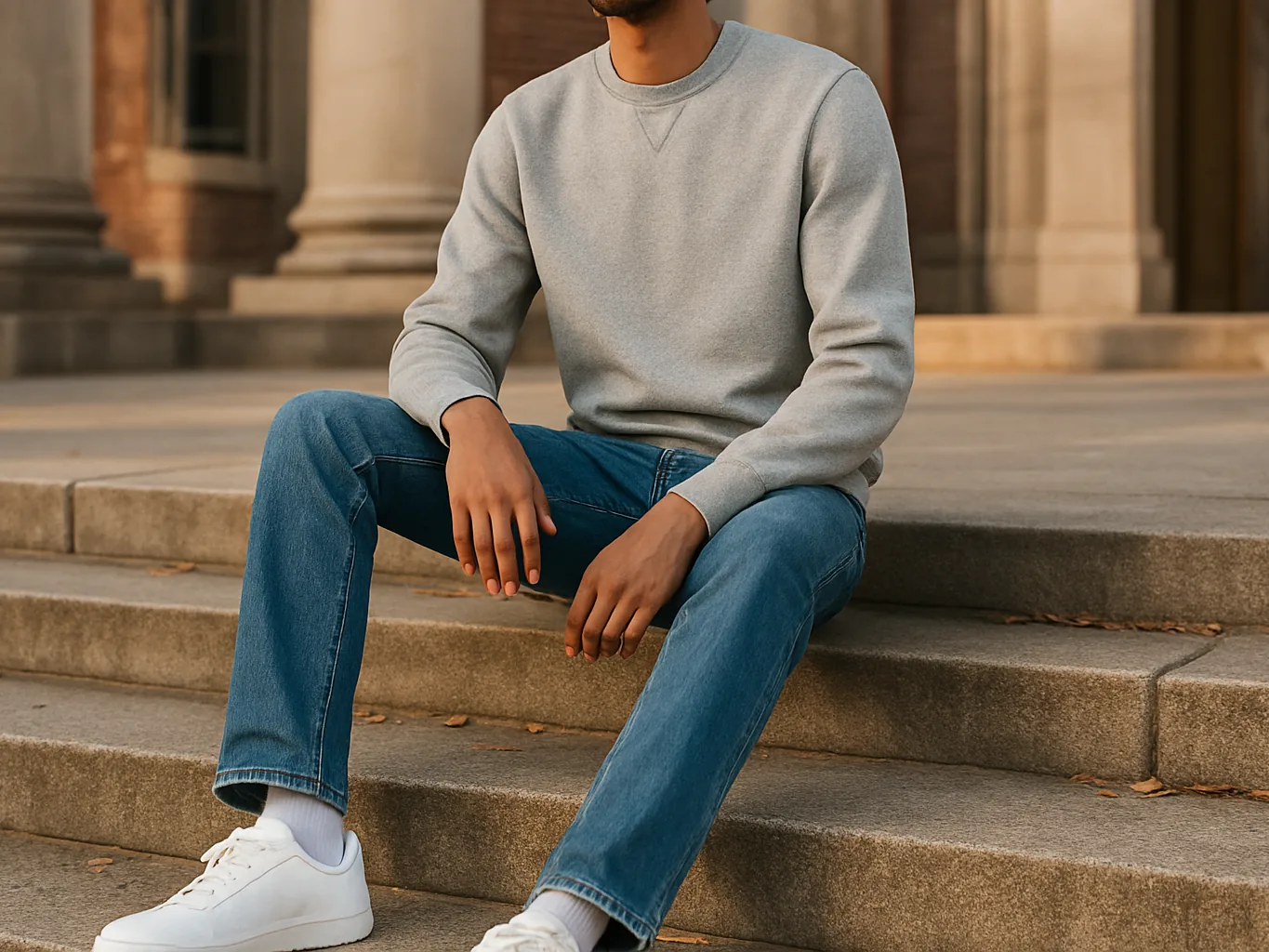 Indian man in a grey melange round neck sweatshirt and blue jeans