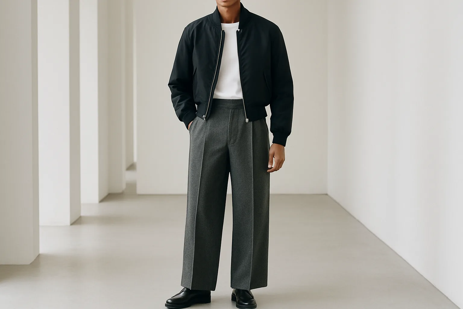 Cropped black bomber jacket worn with high-rise wide trousers