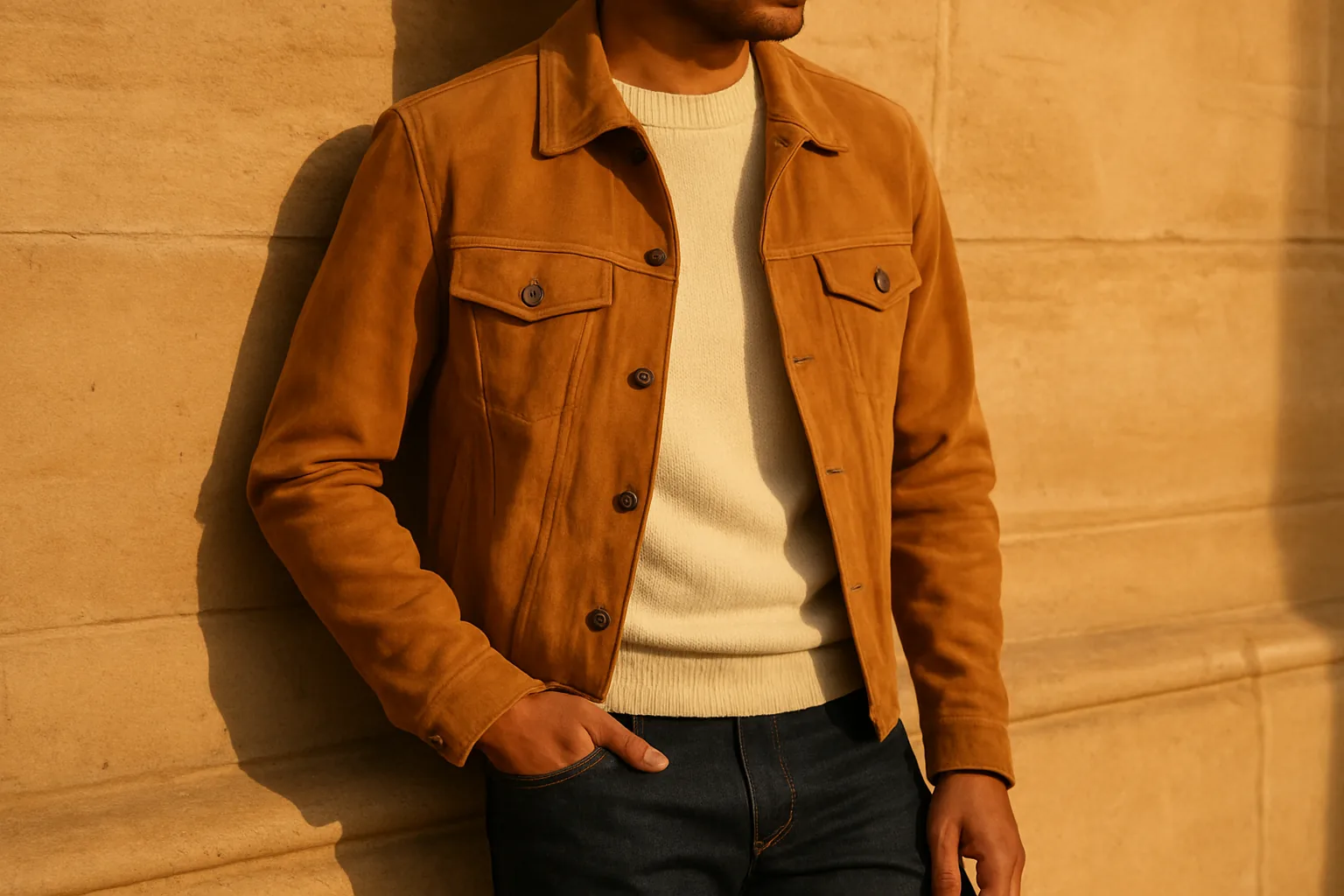 Tan suede trucker jacket for men over a cream knit with dark jeans