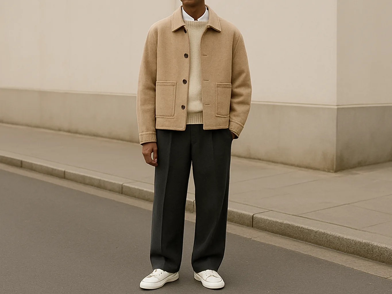Indian man in a boxy beige Korean style jacket layered over a cream knit