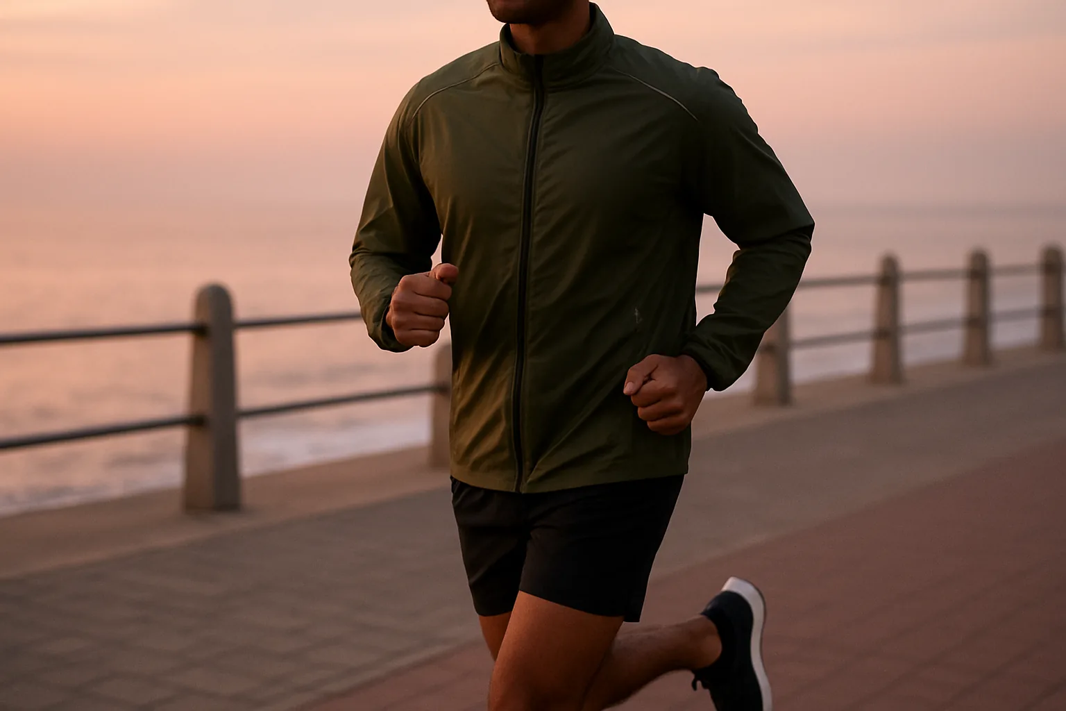 Man running at dawn in a lightweight olive windcheater with reflective trim