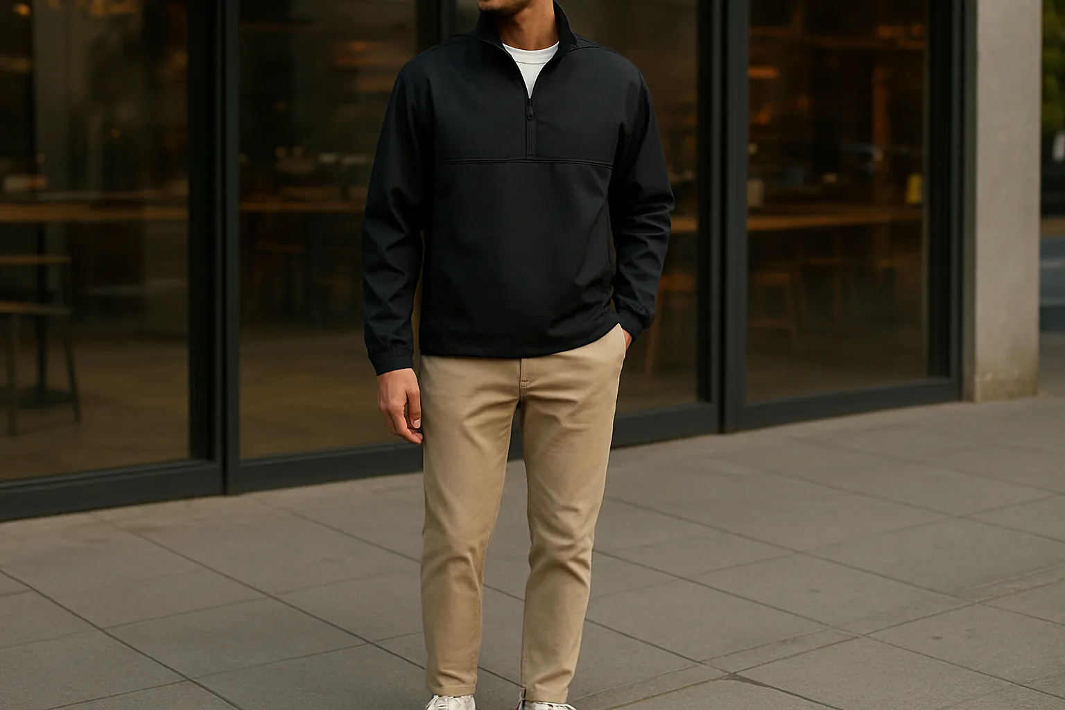 Man in a black windcheater with chinos and sneakers as a casual outfit