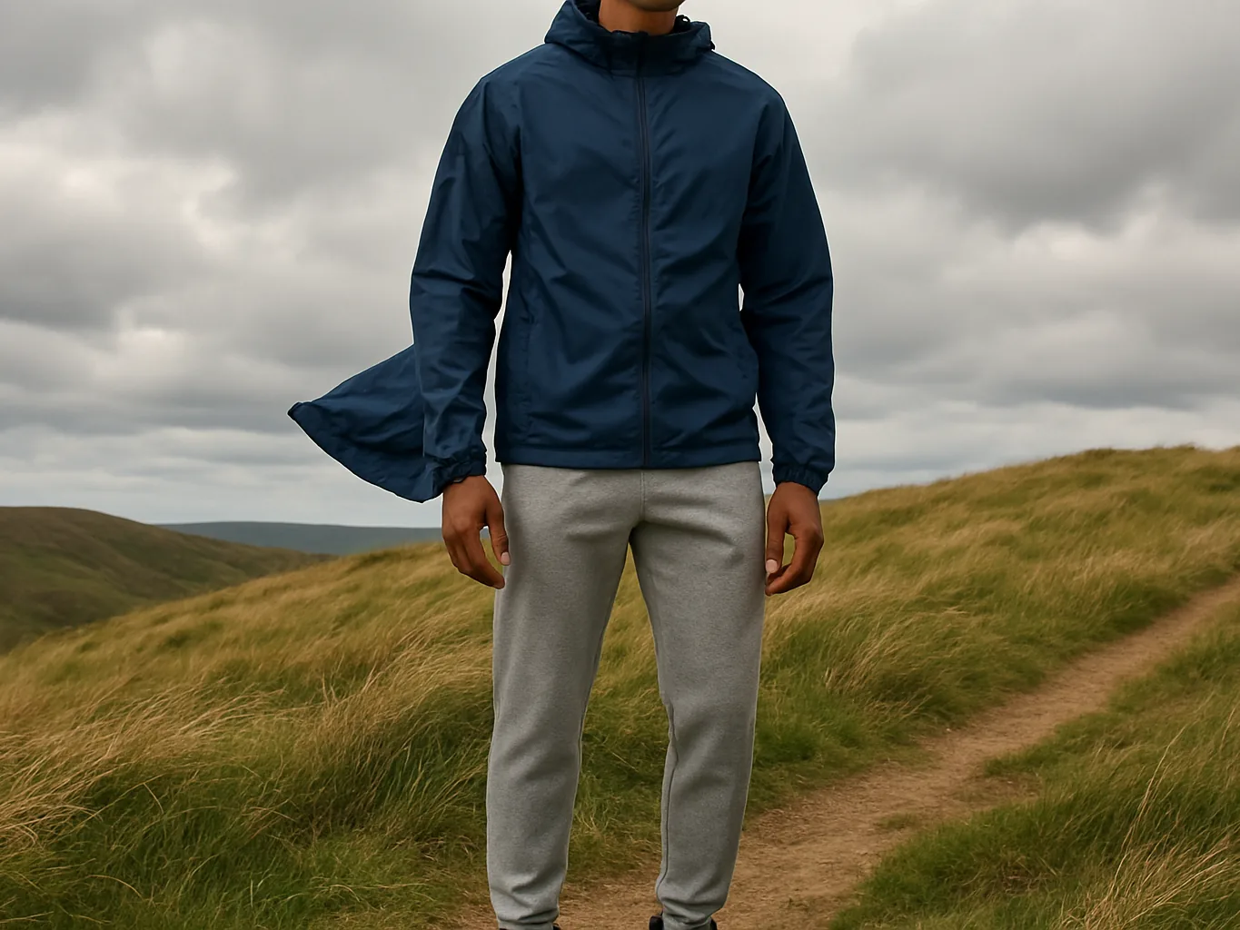 Indian man in a navy hooded windcheater on a breezy hill trail
