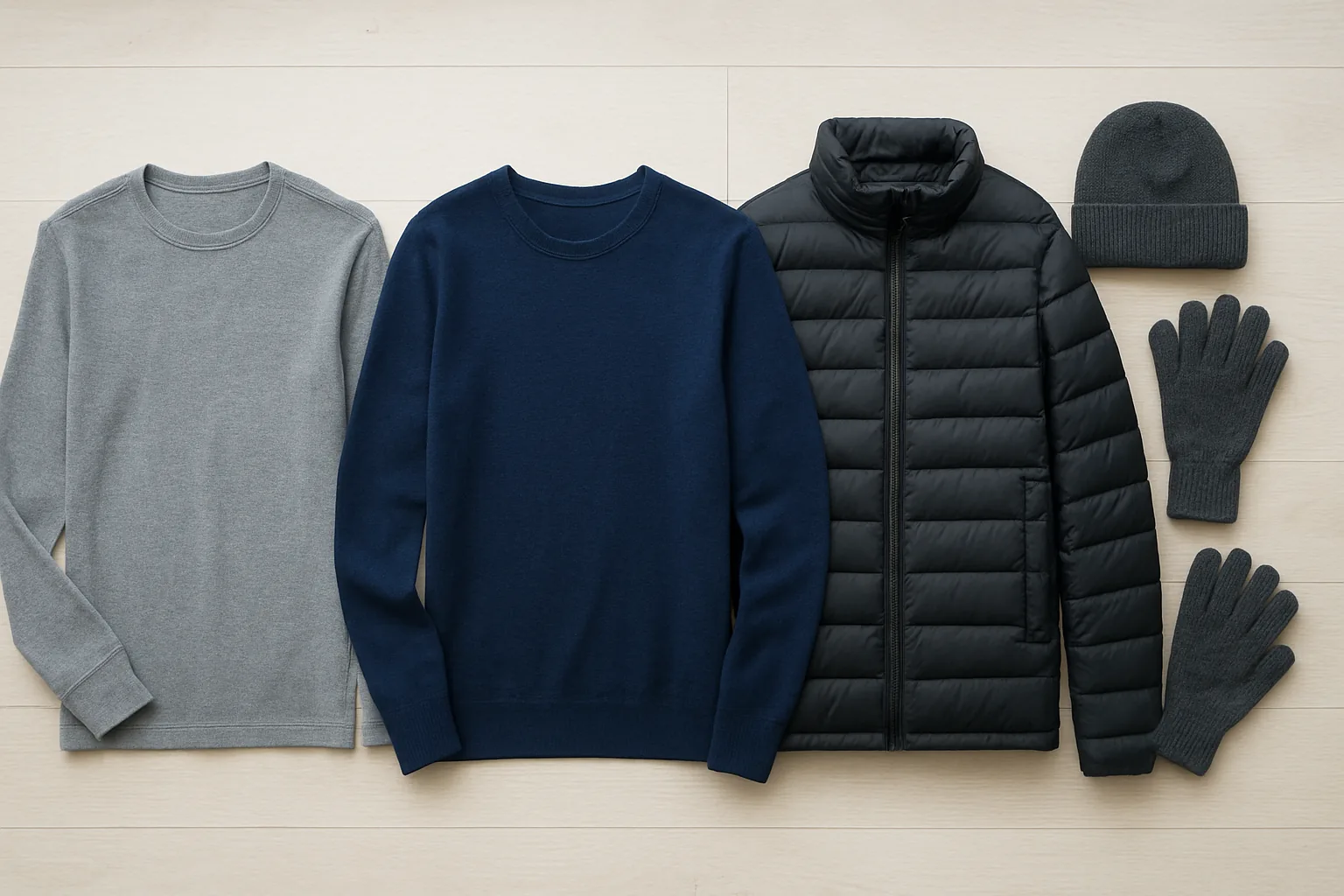 Three winter layers laid out: thermal top, wool sweater and padded jacket