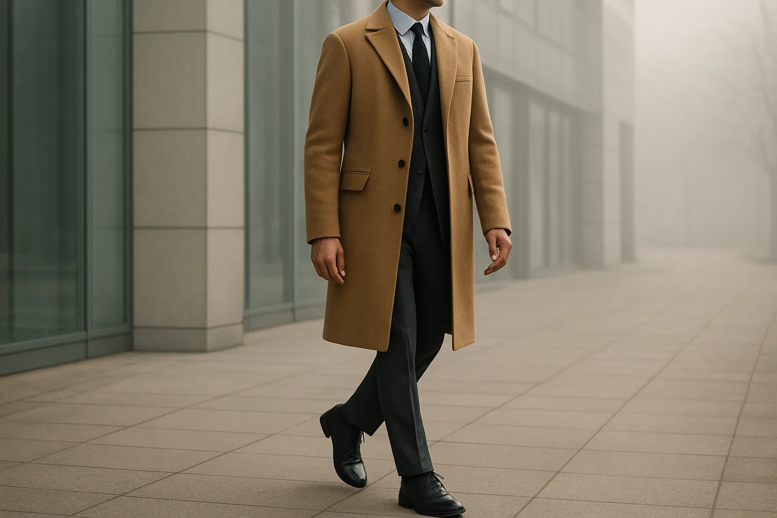 Man in a long camel wool overcoat over a suit on a winter office morning