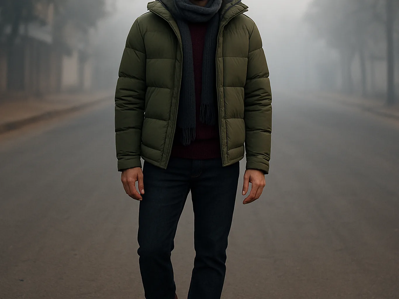 Indian man in a hooded olive winter jacket over a knit sweater on a foggy morning